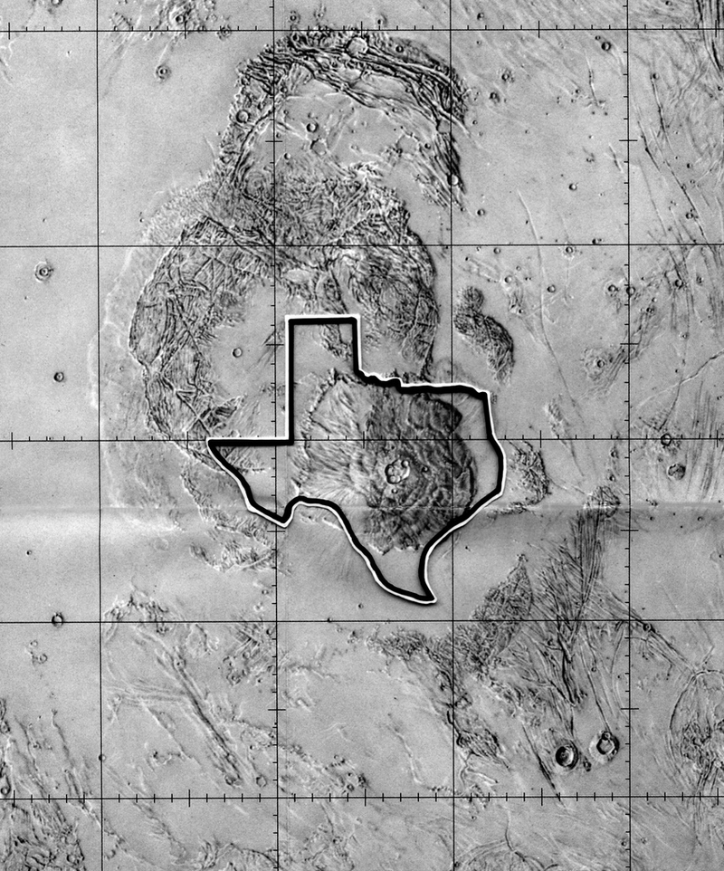 Texas contra el monte Olimpo. Imagen: Stephen Paul Meszaros / NASA
